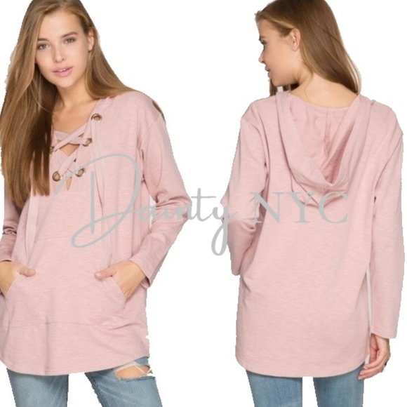 CLEARANCE! Lace Up V Neck Lightweight Hoodie - Picture 4 of 7